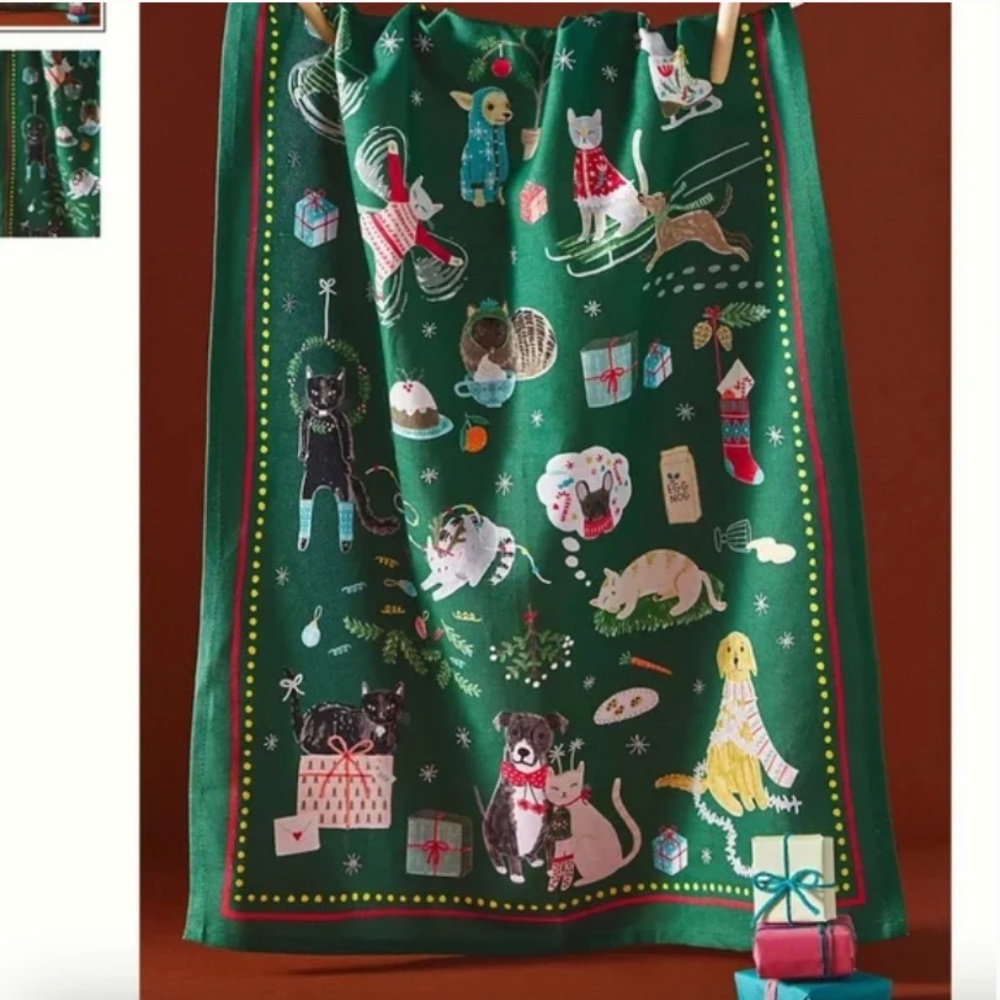 Festive Friends Cat Dog Animal Christmas Holiday Chic Farm Boho Dish Towel